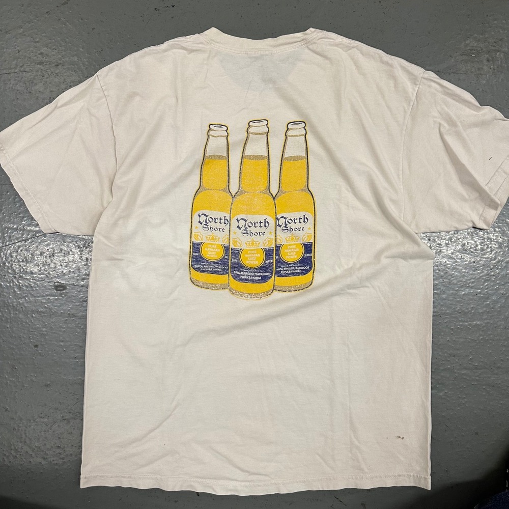 Vintage North Shore Mens T Shirt Large White Preowned Stains Hawaii Beer Graphic